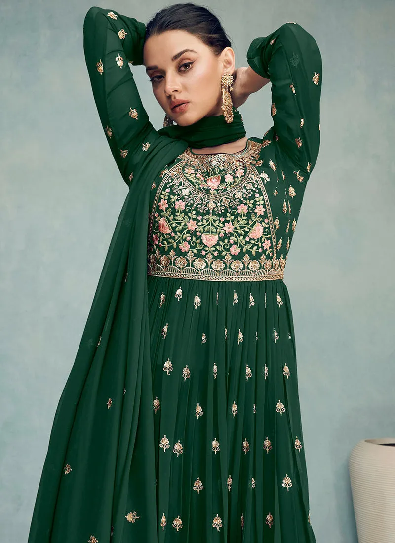 Green Multi Embroidery High Slit Style Palazzo Suit