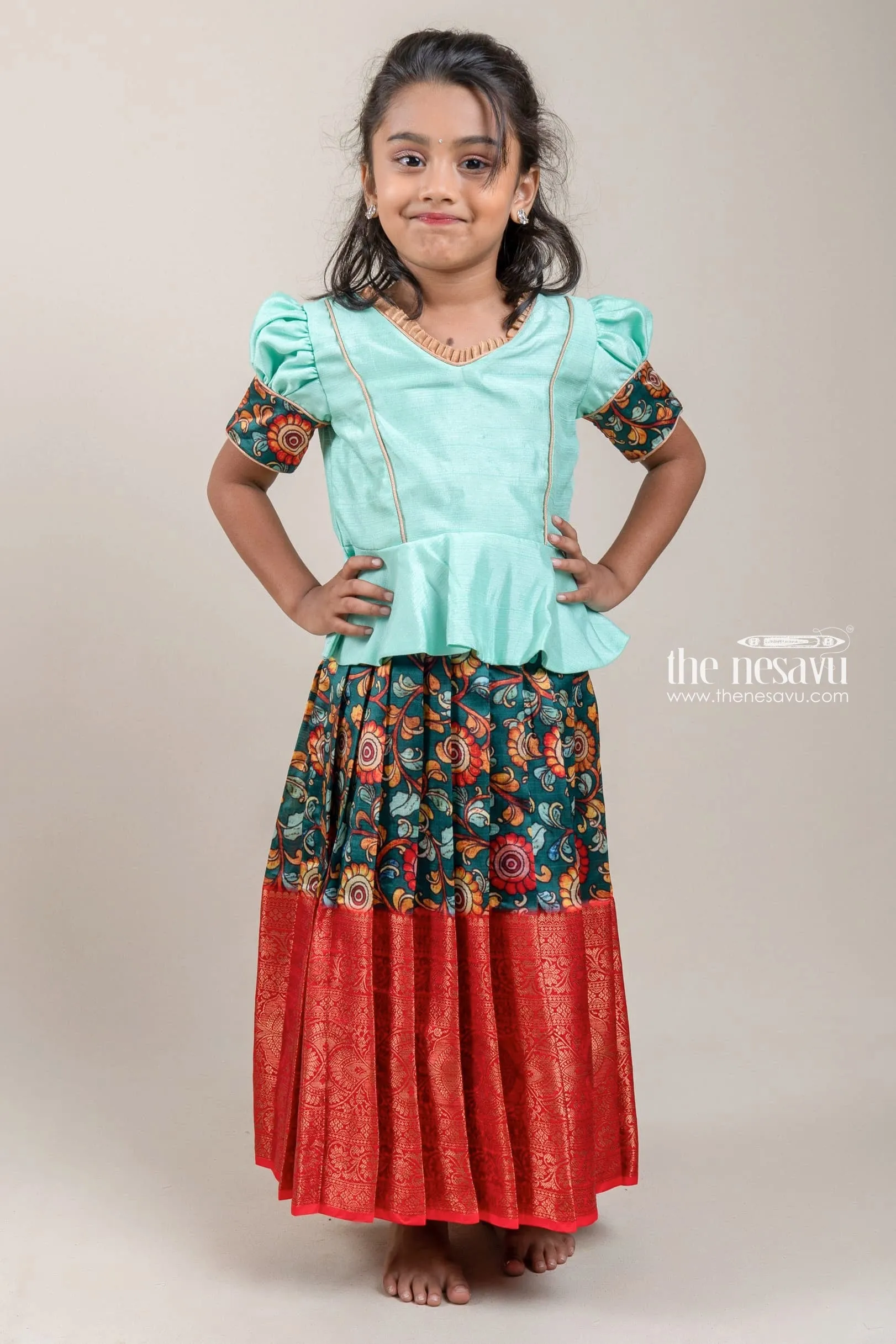 Green Silk Pattu Pavadai with Floral Cuffs and Banarasi Border for Girls