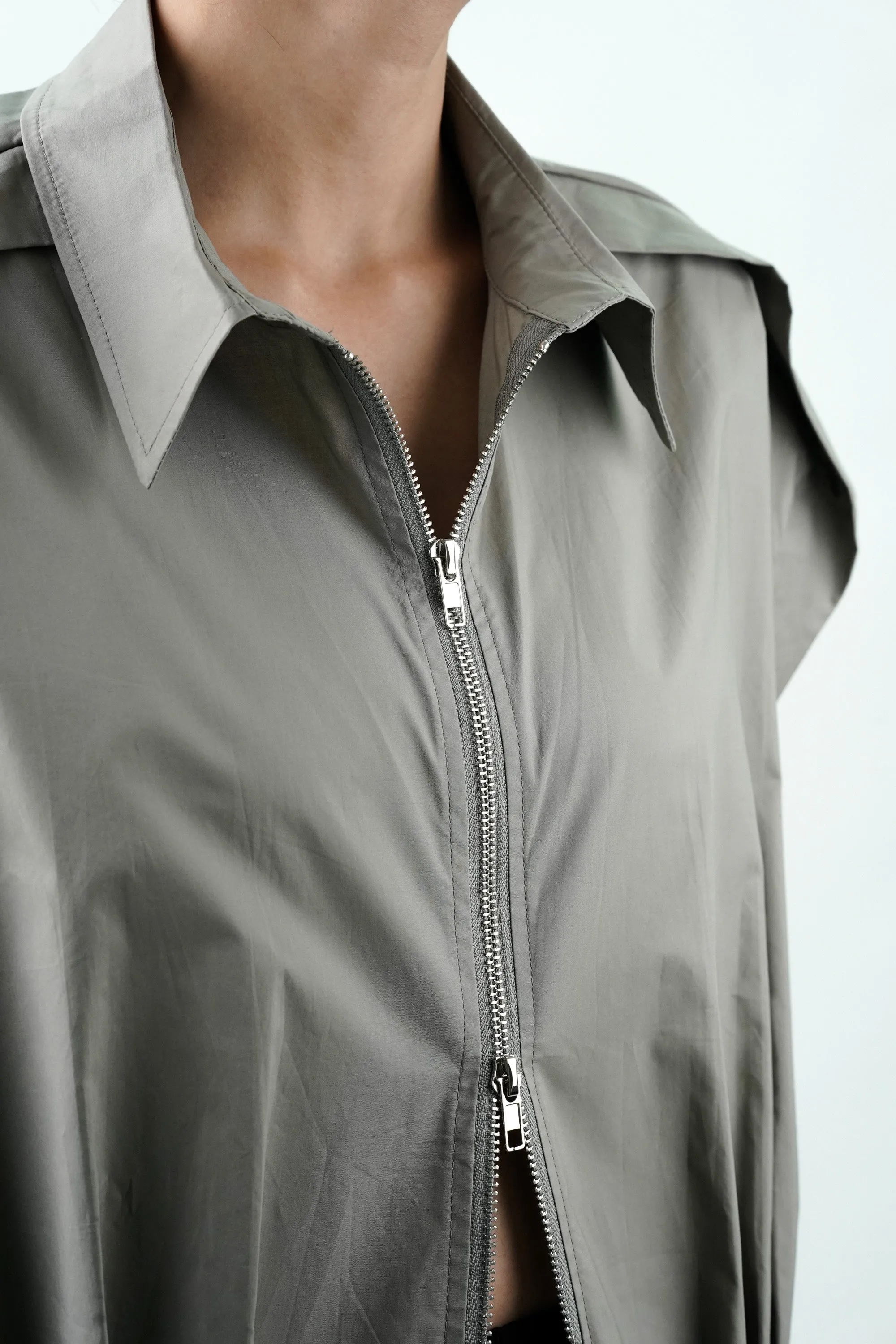 Grey Double Zipper Pleated Hem Top