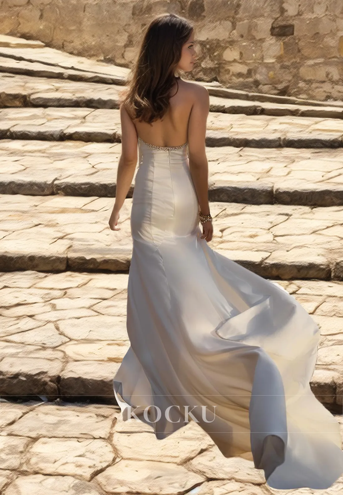 Halter Neck Sheath Sleeveless High Split Beaded Satin Beach Wedding Dress with Train Boho Gowns