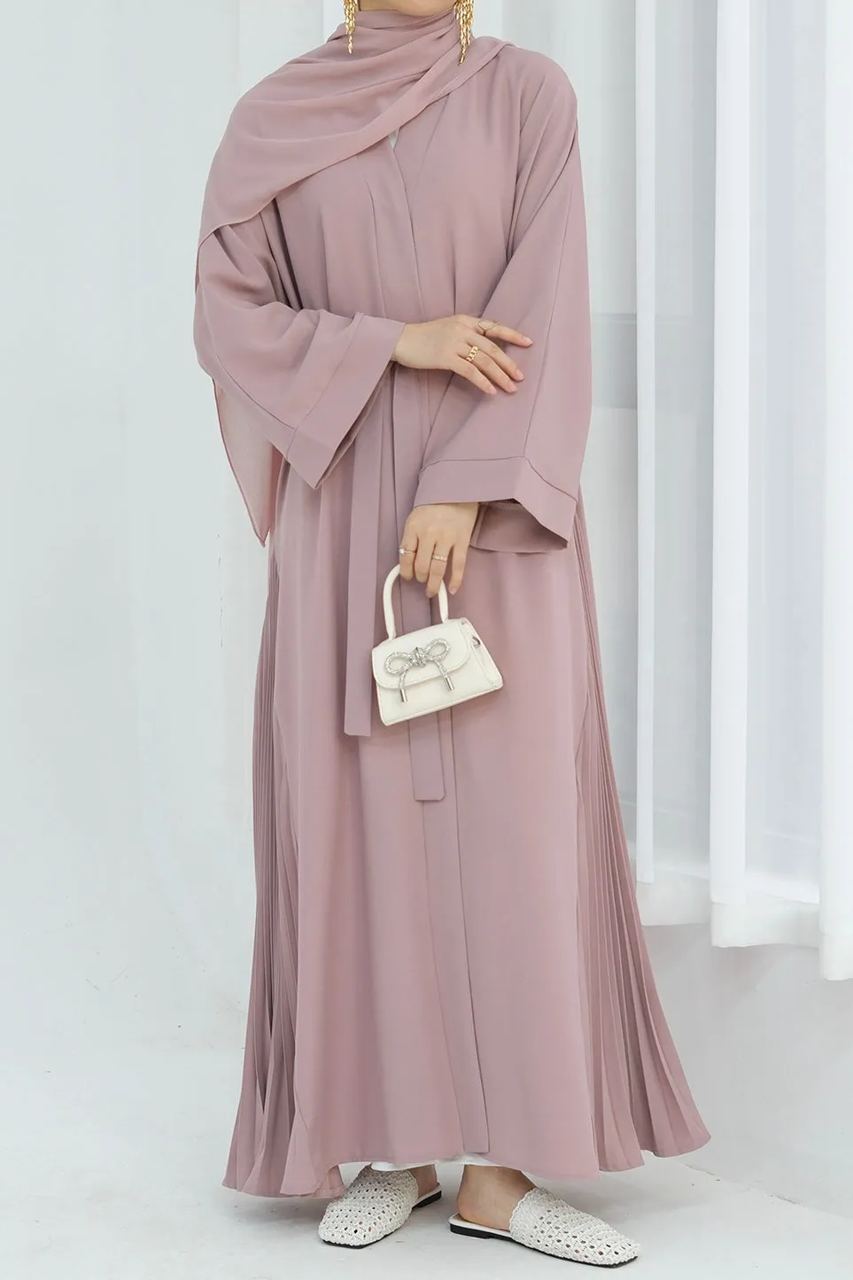 Haniya Pleated Design Open Abaya 850 - Pink