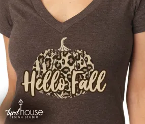 Hello Fall Pumpkin Shirt, Cute Animal Print Tee Thanksgiving