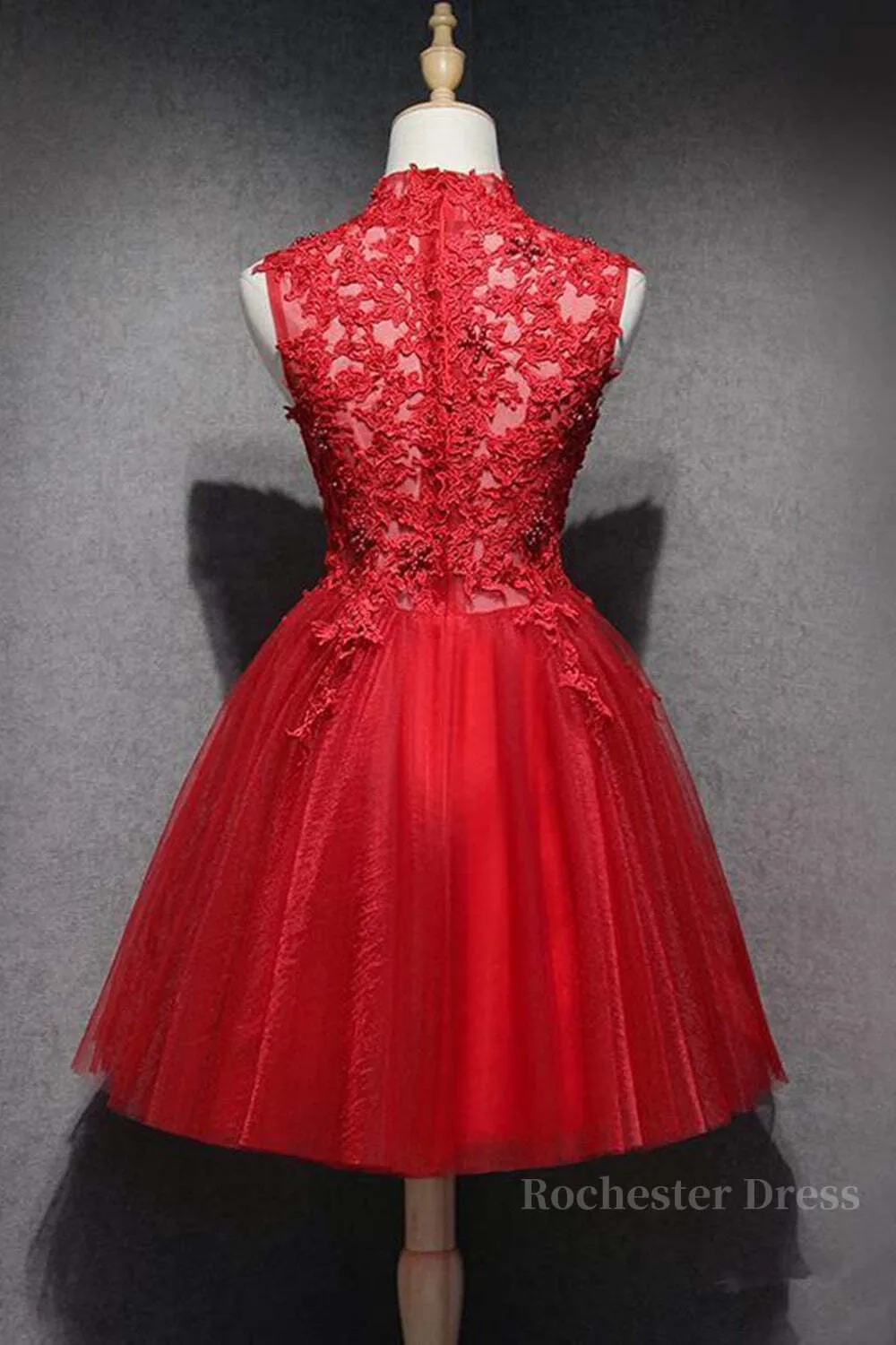 High Neck Red Lace Short Prom Dress, Red Lace Homecoming Dress, Red Formal Graduation Evening Dress