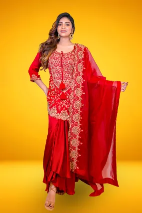 Hot Red Embellished Chennai Silk Kurta Set