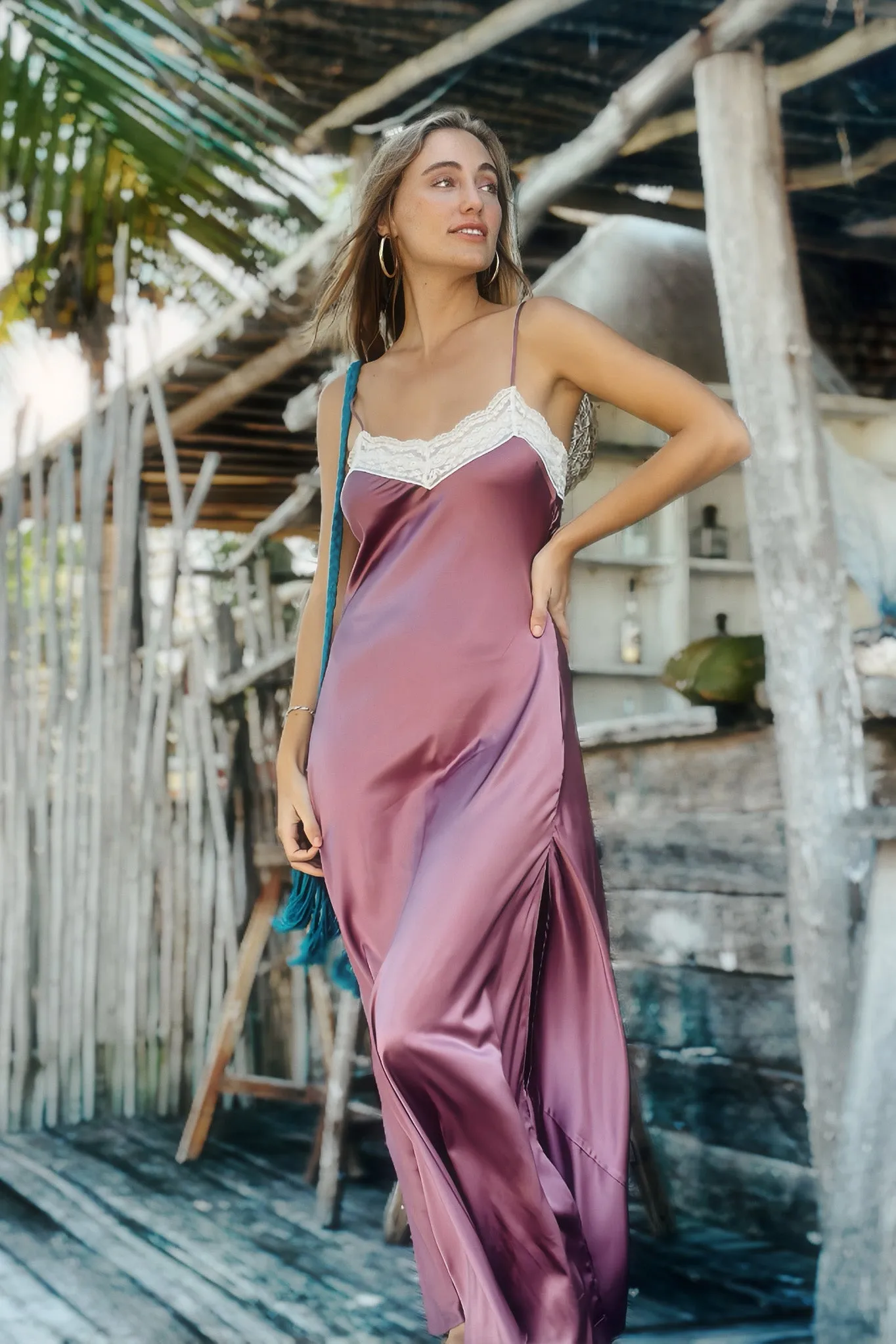 Jacquelyn Silk Slip Dress in Mauve by Miguelina