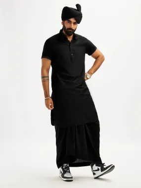 Jashvi Men's Black Viscose Kurta Lungi And Safa set