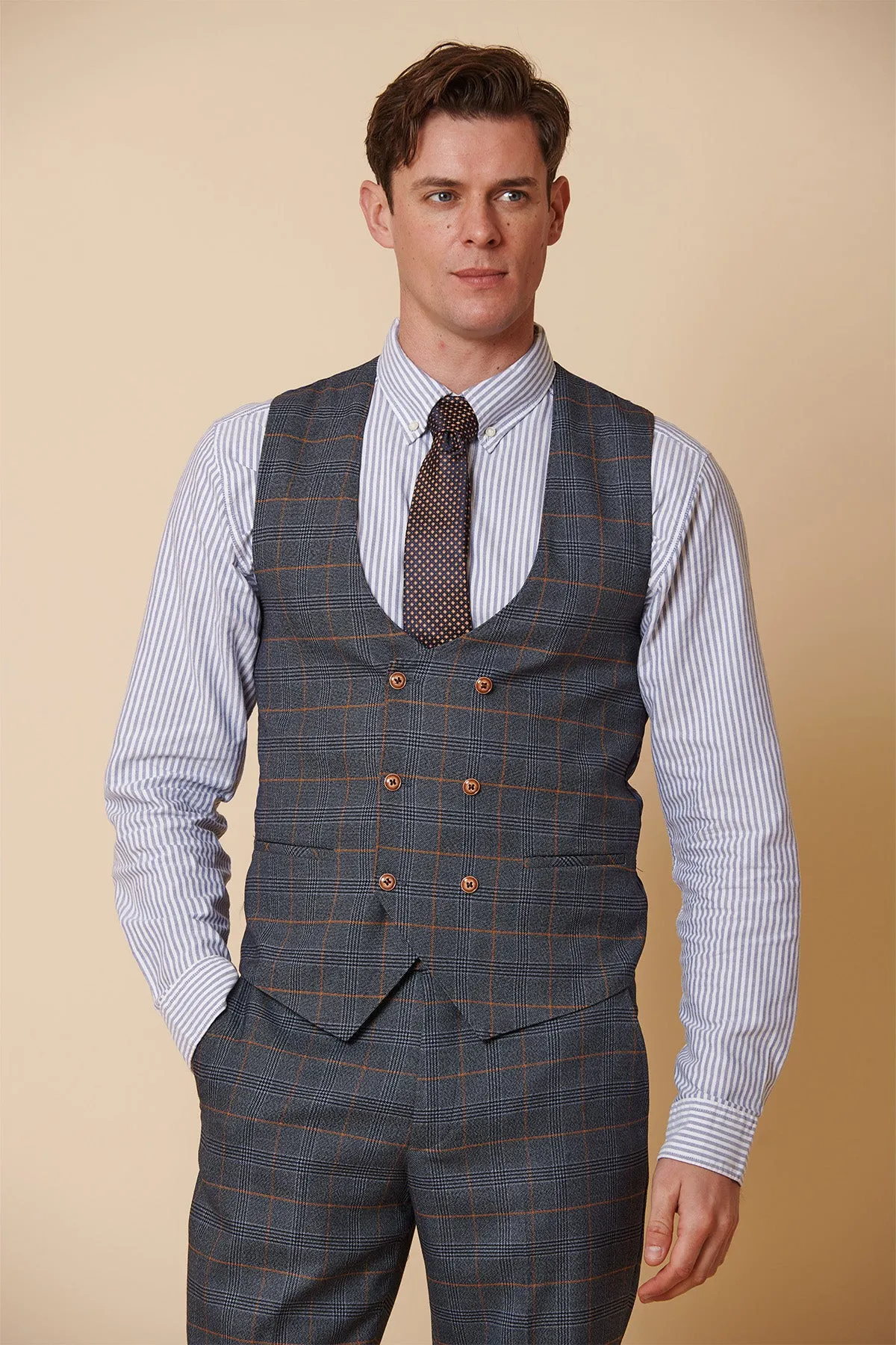 JENSON - Sky Blue Check Suit with Double Breasted Waistcoat