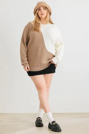 Junior Plus Taupe & Ivory Knit Crew Neck Long Sleeve Sweater /3-2-1