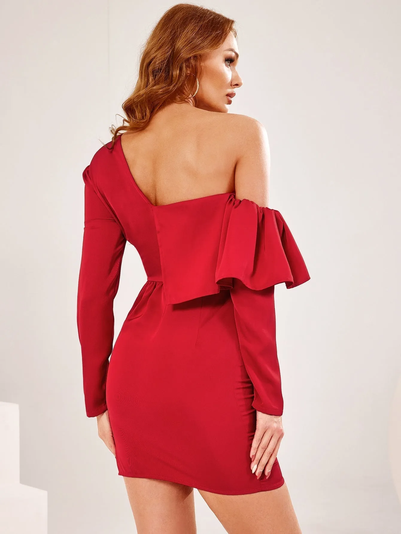 KittenAlarm - Asymmetrical Neck Ruffle Trim Draped Front Satin Dress