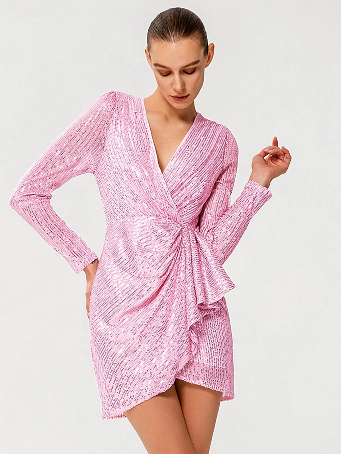 KittenAlarm - Surplice Neck Tulip Hem Draped Sequin Dress