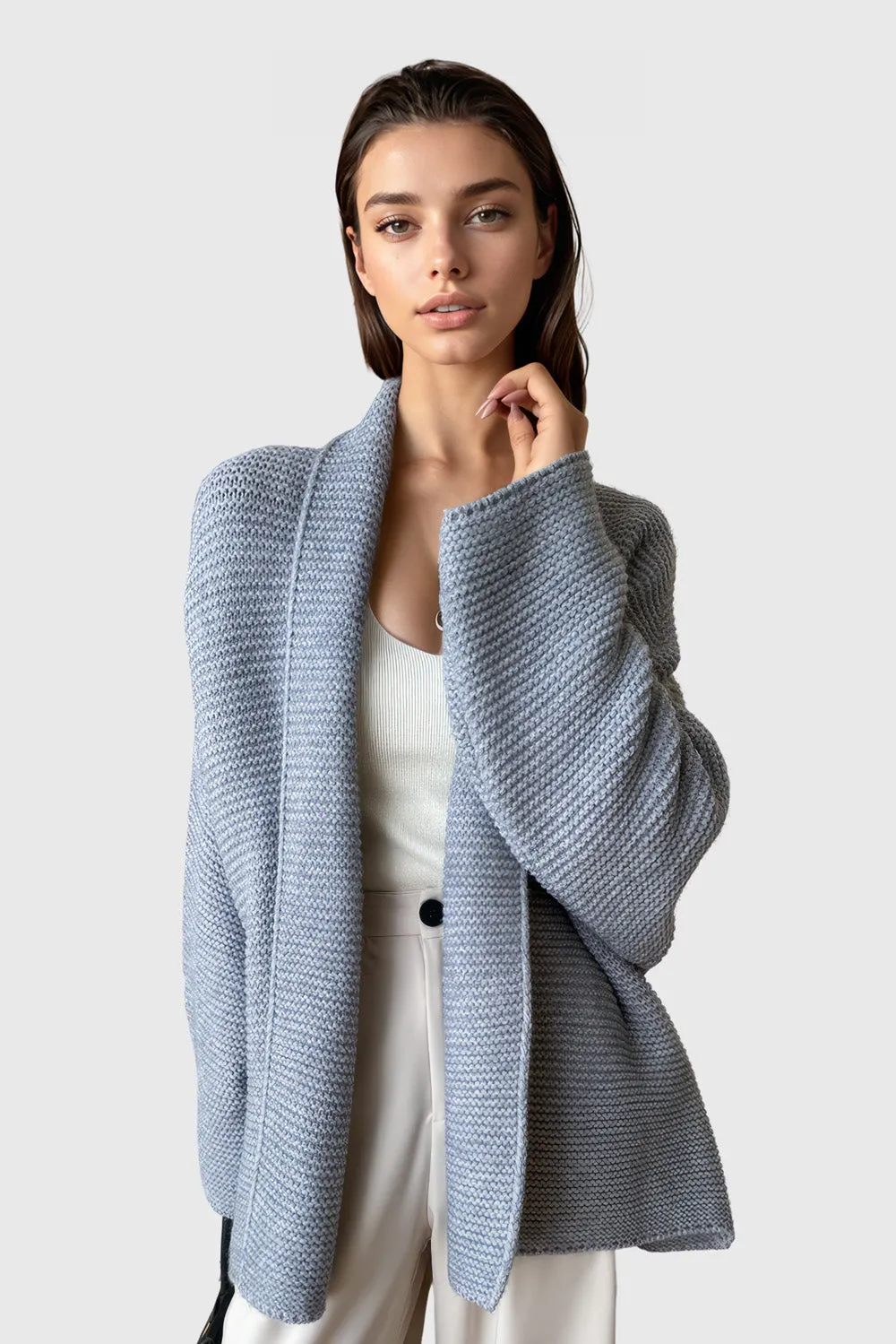 Knitted Cardigan with Belt - Grey