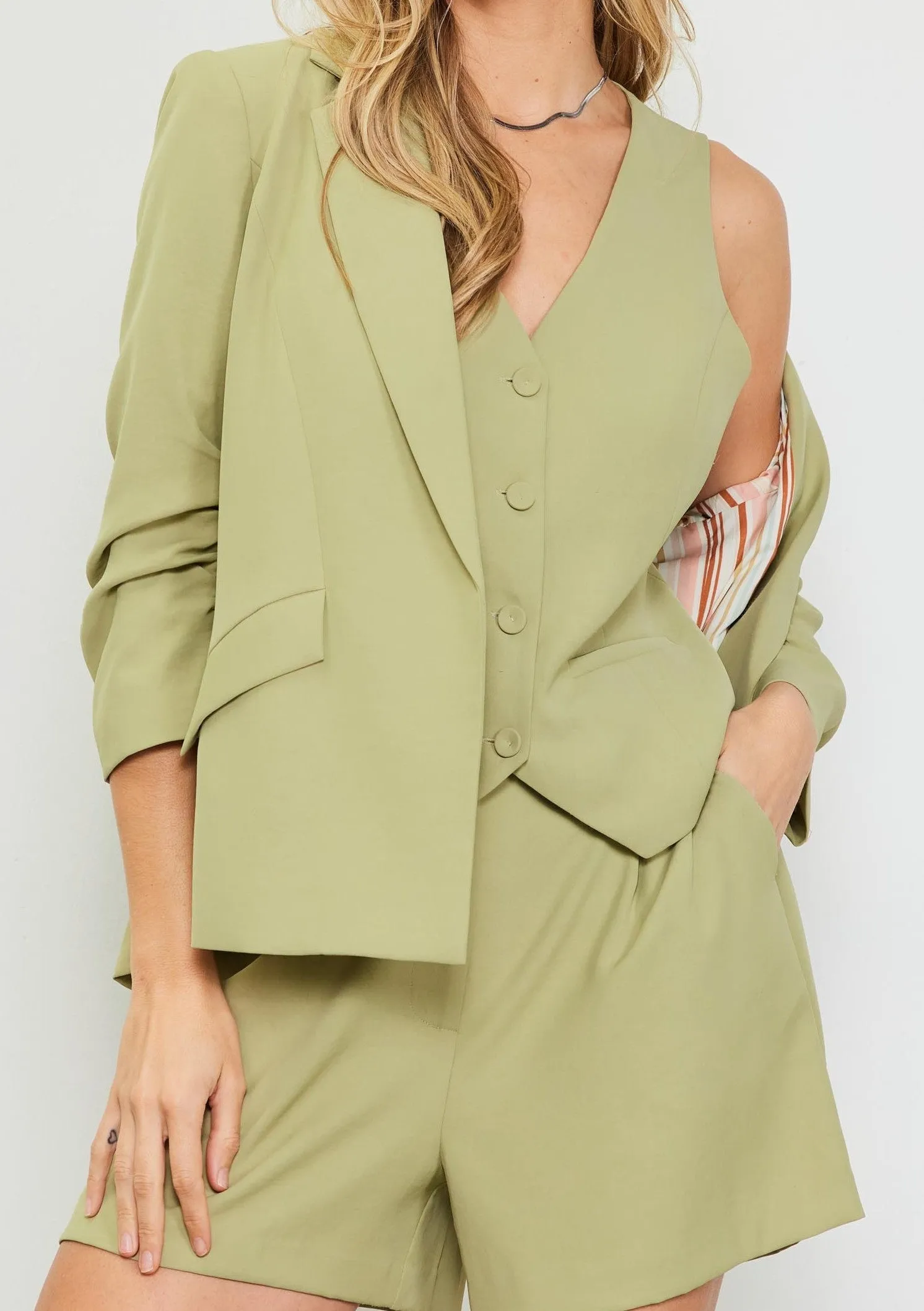 Kyle Shirred Sleeve Pocket Blazer- Sage