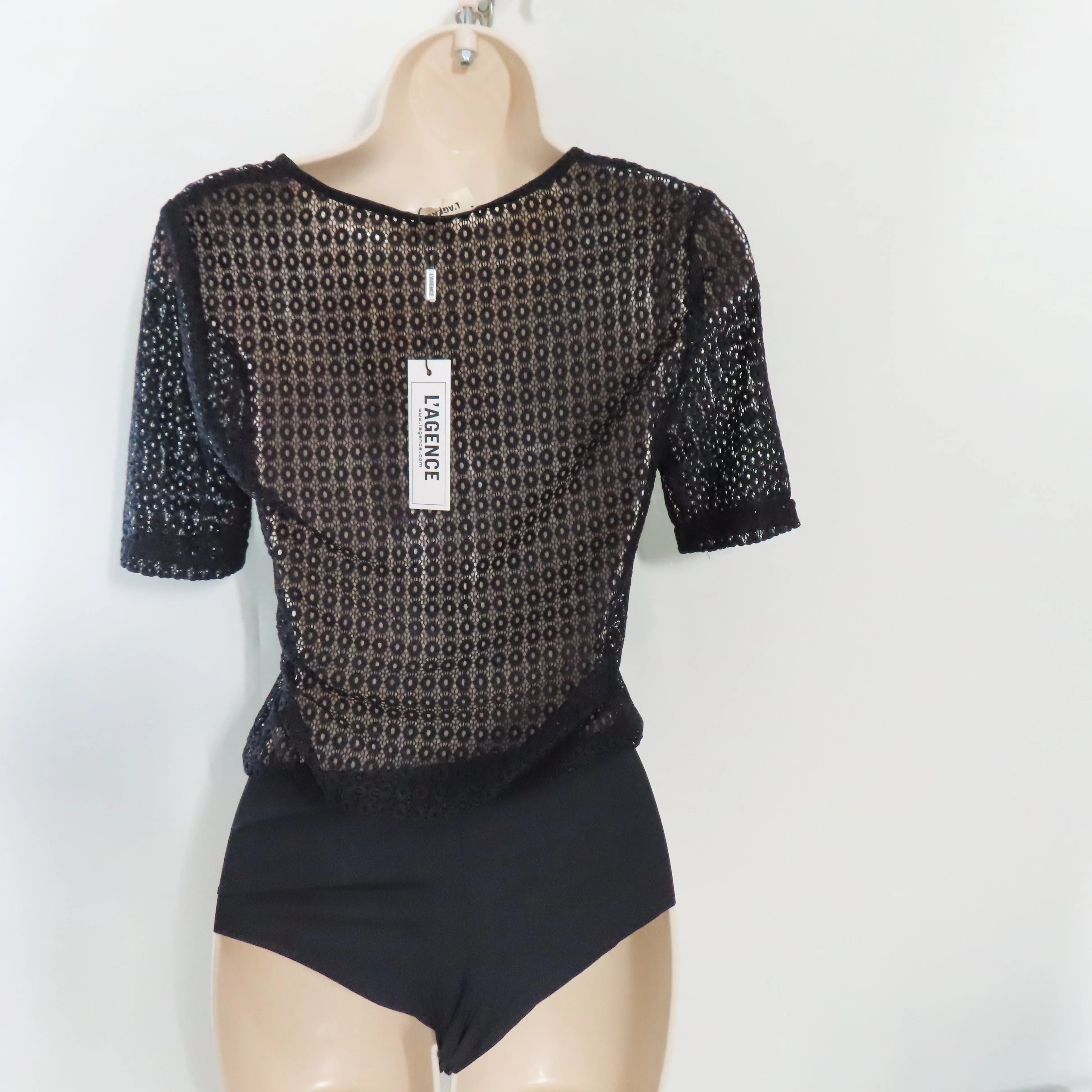 L'agence Black Sheer V-neck Short Sleeve Lace Bodysuit XS 5616clc