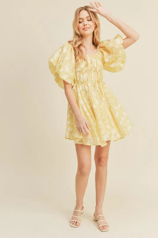 Lemon Floral Bubble Sleeve Flared Mini Dress