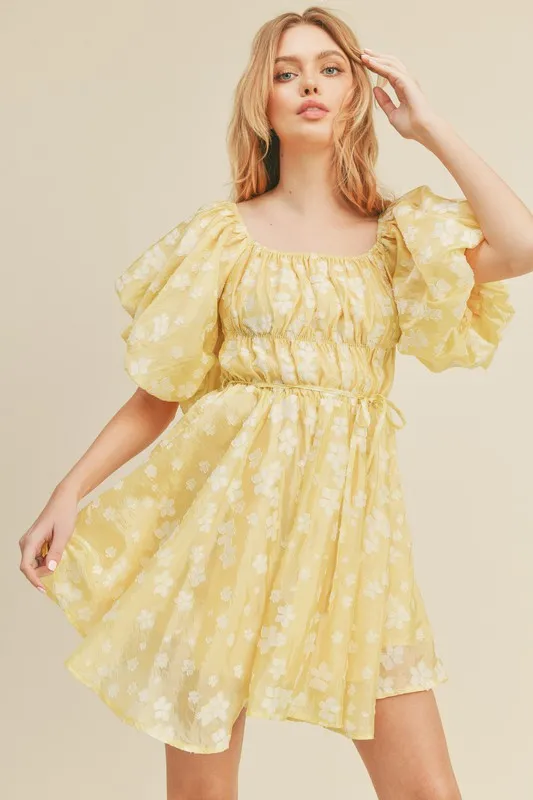 Lemon Floral Bubble Sleeve Flared Mini Dress