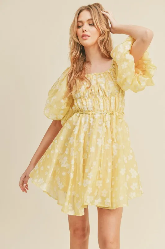 Lemon Floral Bubble Sleeve Flared Mini Dress