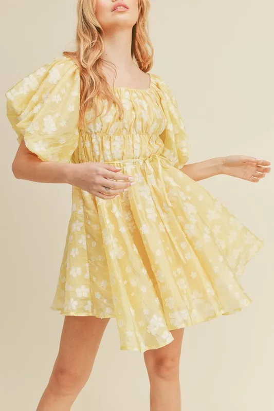 Lemon Floral Bubble Sleeve Flared Mini Dress