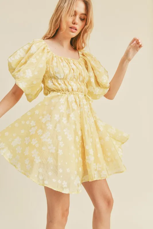 Lemon Floral Bubble Sleeve Flared Mini Dress