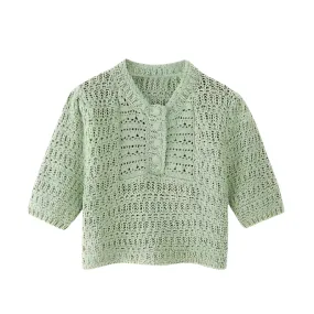 Light Green Short-Sleeve Knit Cropped Top