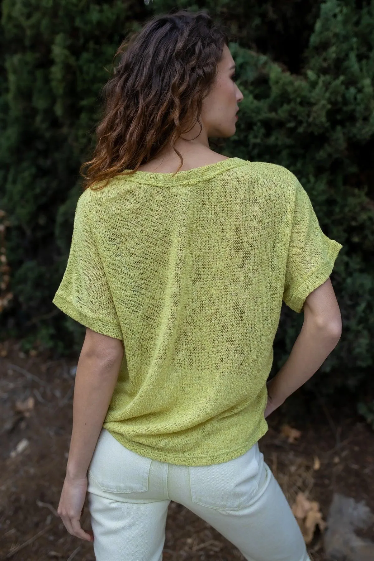 Lime Knit Button Up Semi-Sheer Twisted Front Detail Top /1-2