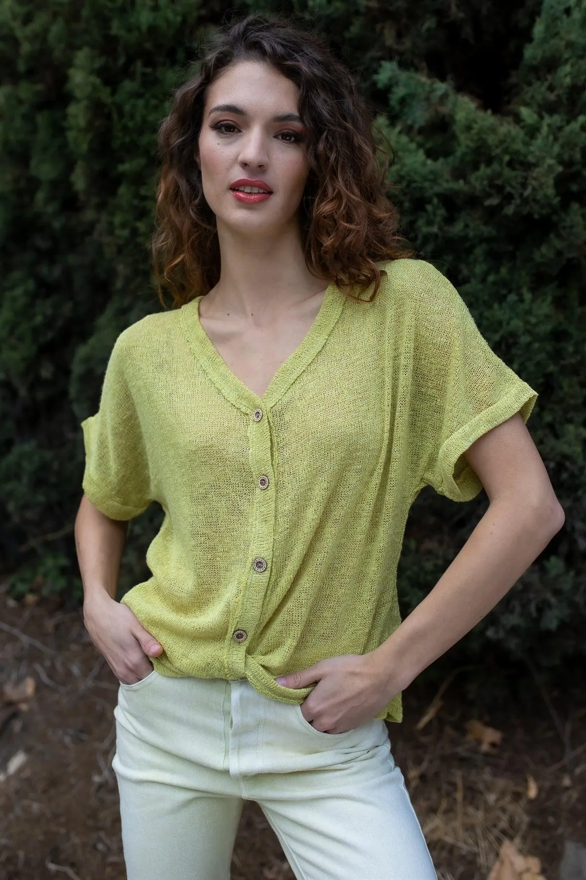 Lime Knit Button Up Semi-Sheer Twisted Front Detail Top /1-2