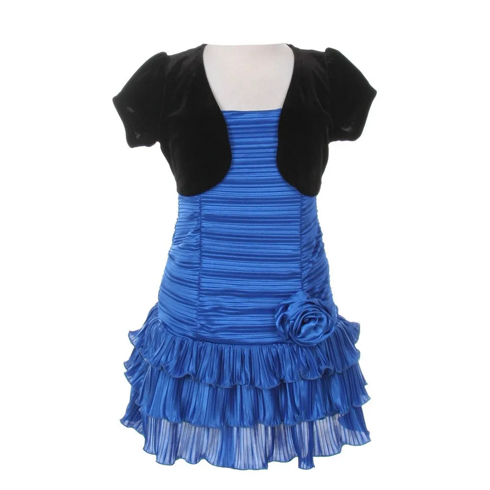 Little Girls Azure Black Pleated Tiered Velveteen Bolero 2 Pc Dress Outfit 2-6