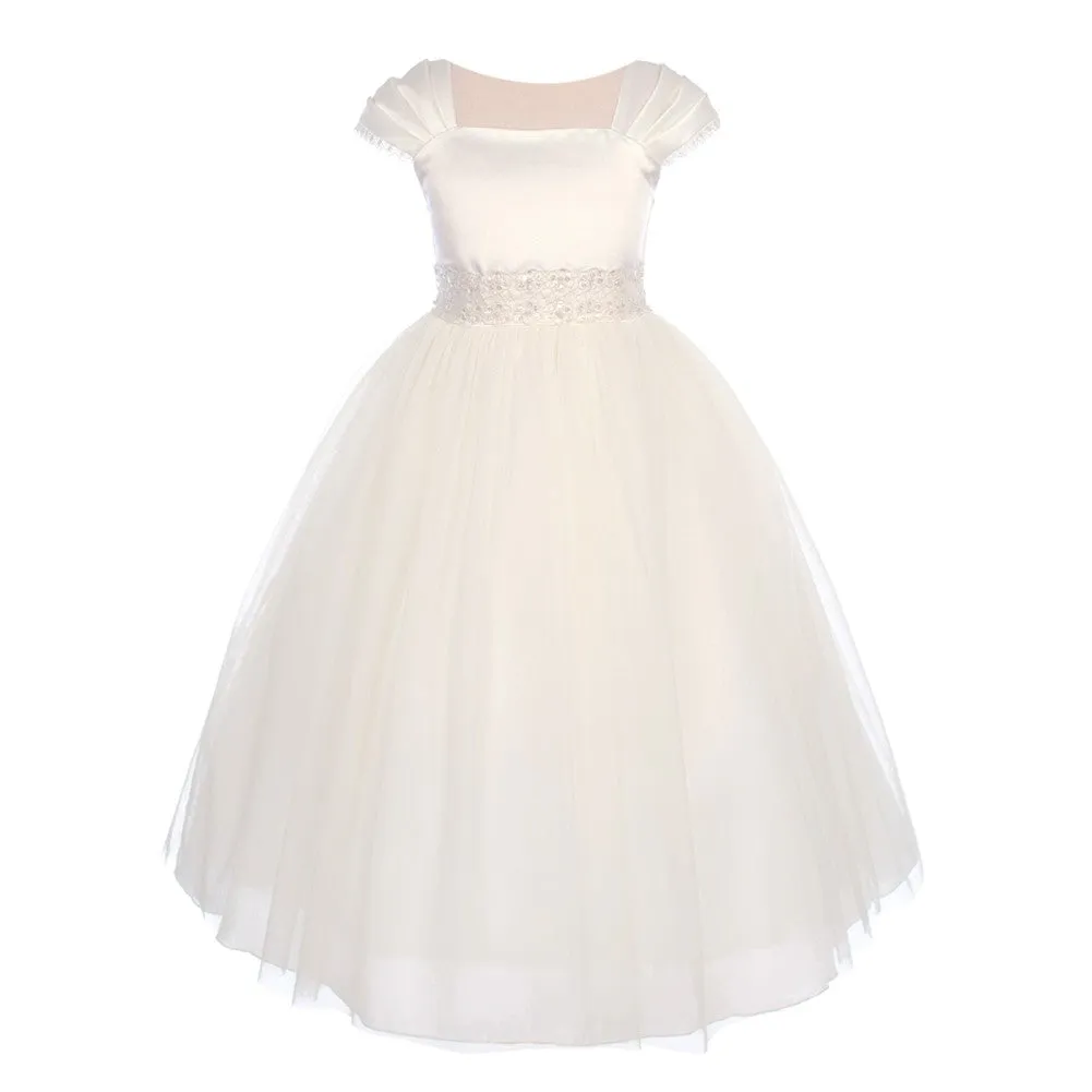 Little Girls Ivory Satin Mesh Beadwork Flower Girl Dress 2-6