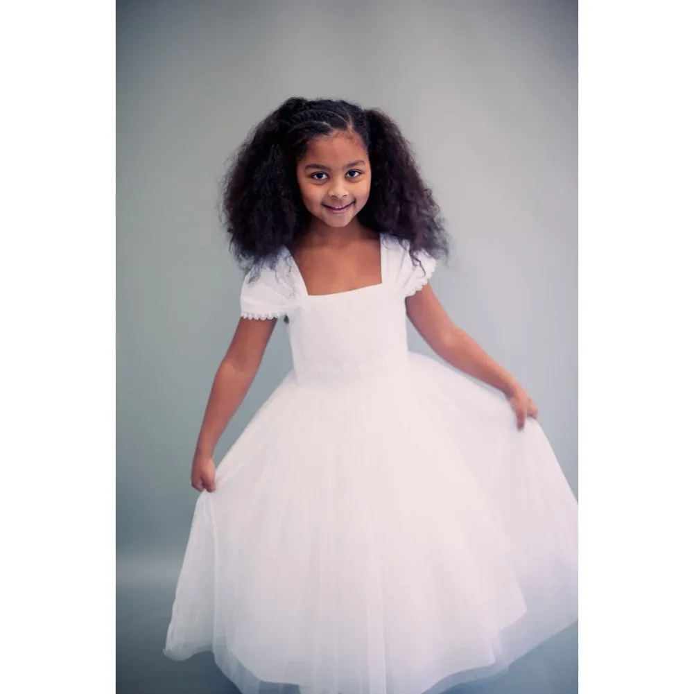 Little Girls Ivory Satin Mesh Beadwork Flower Girl Dress 2-6