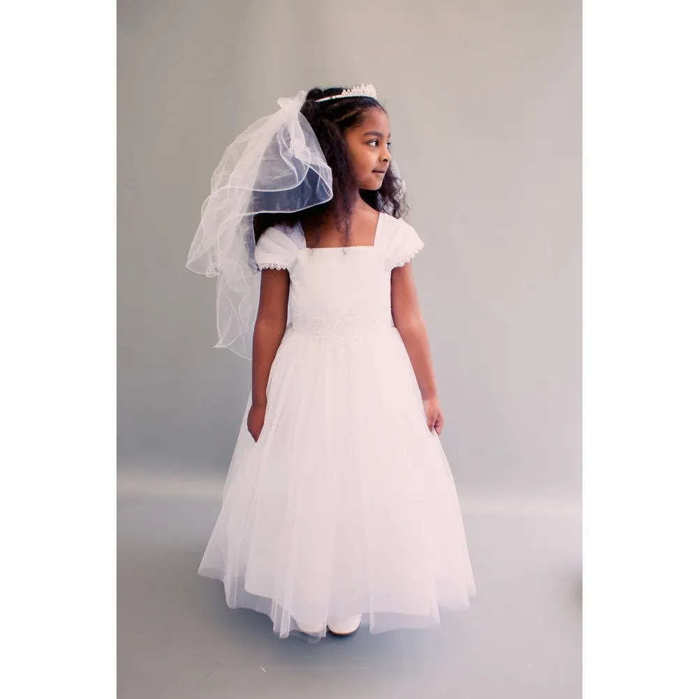 Little Girls Ivory Satin Mesh Beadwork Flower Girl Dress 2-6