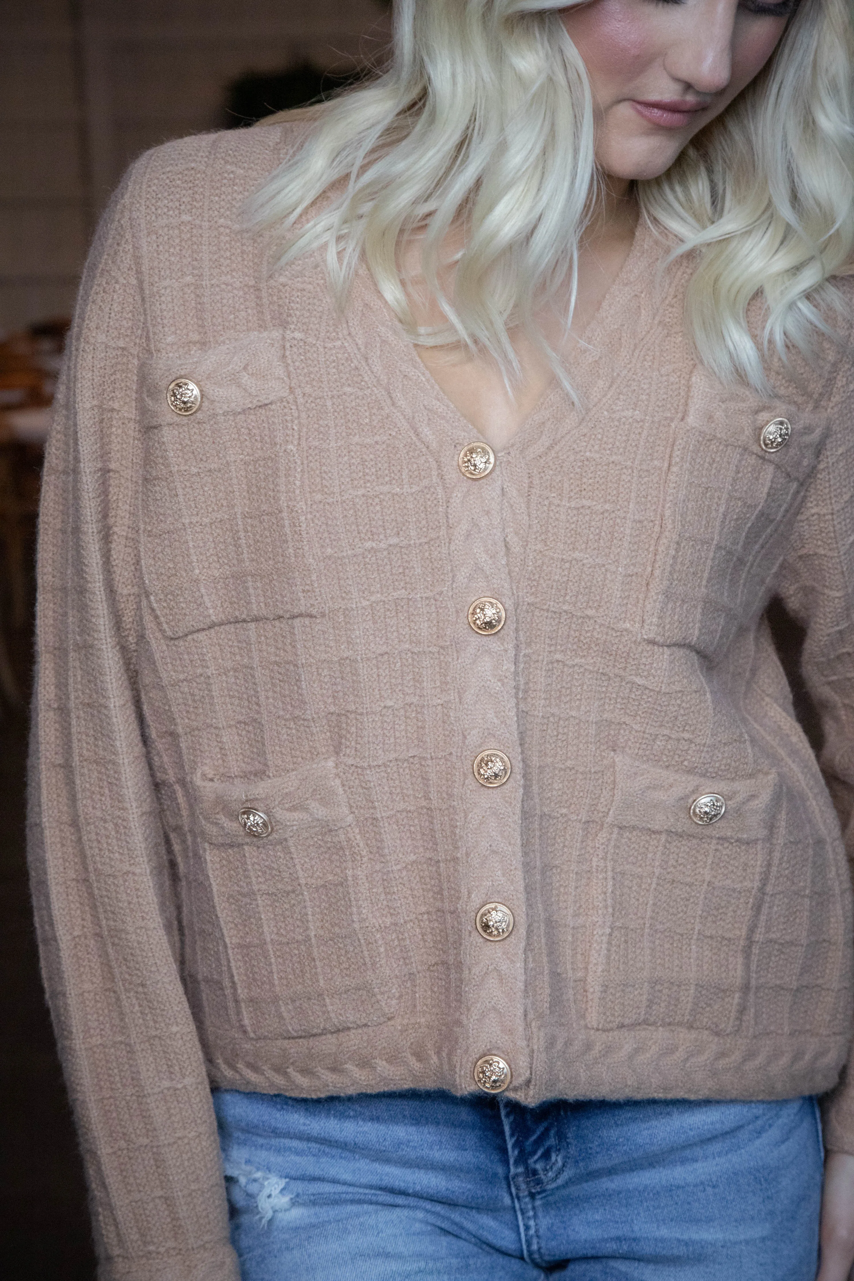 Liz Textured Button Up Cardigan, Camel