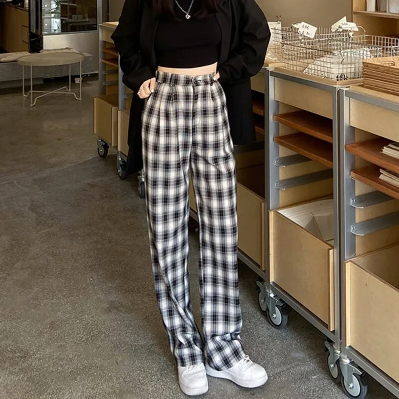 Long Plaid Pants With High Waist