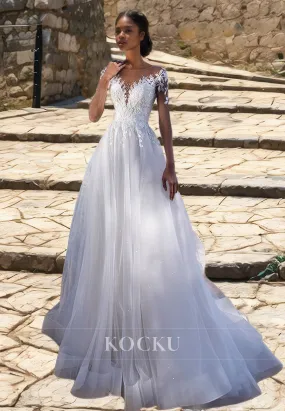 Long Sleeves A-Line Scoop Neck Train Beads Pleats Lace Wedding Dress with Appliques Bridal Gowns