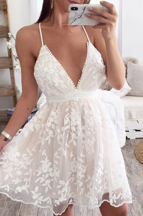 Lovely White Lace Short Prom Dress Mini Party Gowns     fg3741