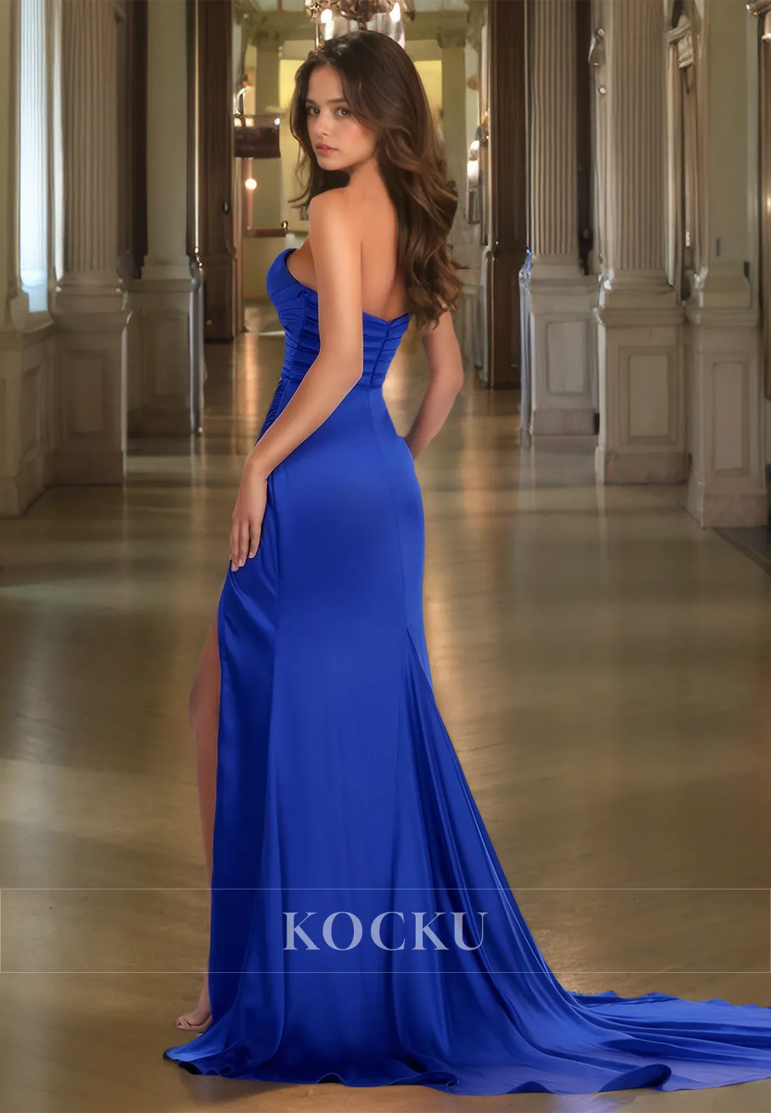 Low V-Neck Straps Sheath Formal Dress Sleeveless Split Pleated Satin Prom Dress with Sweep Train