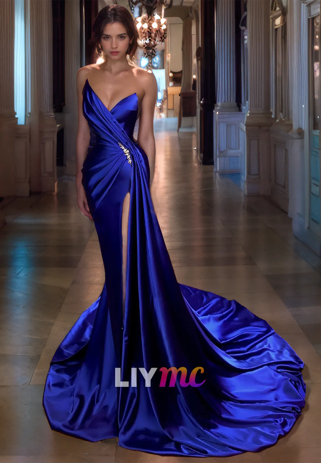 LP597 - Mermaid/Trumpet Strapless Beaded Pleated Satin Long Prom Evening Dress