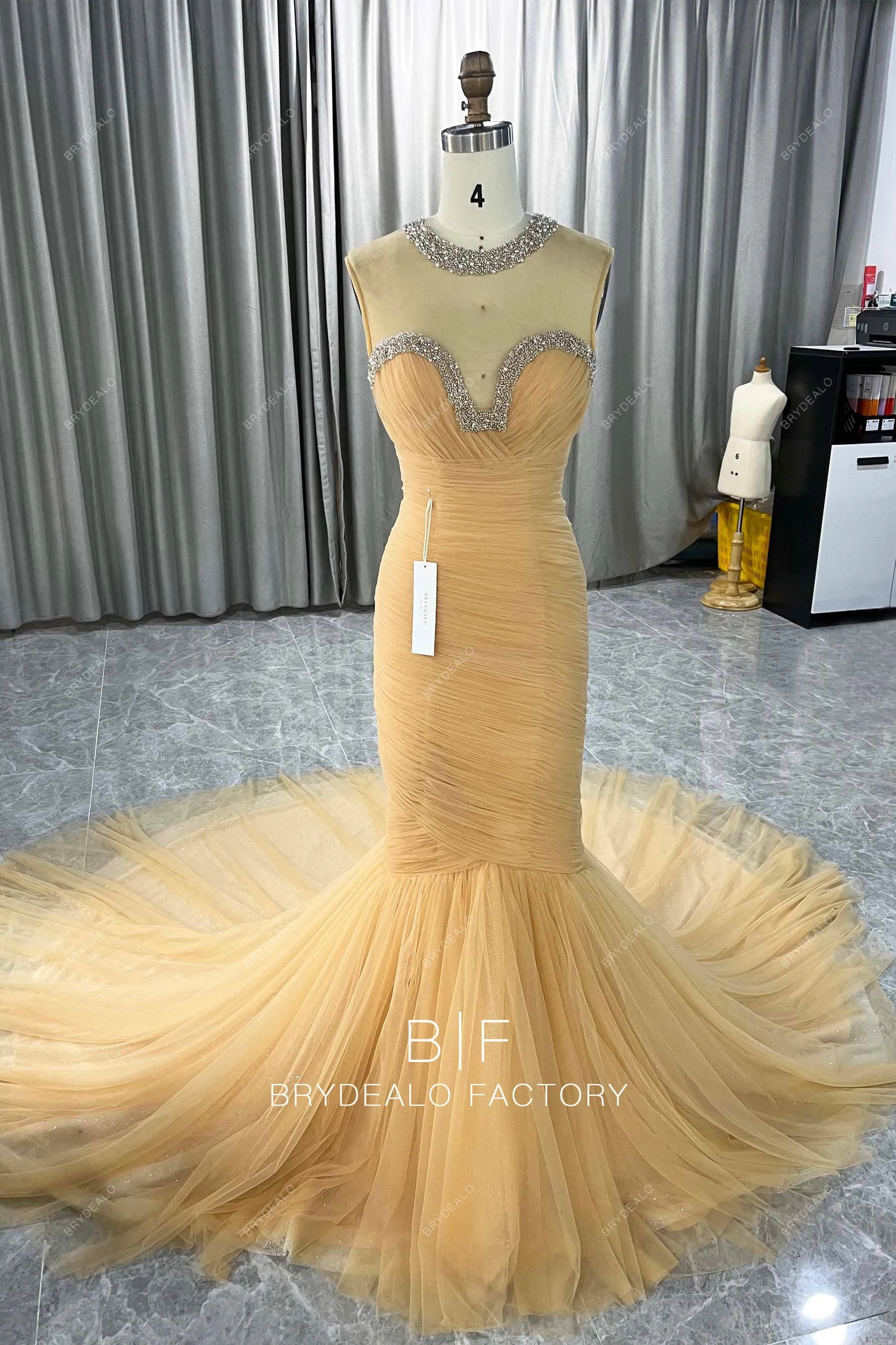 Luxury Beaded Sleeveless Marigold Pleated Tulle Trumpet Bridal Gown