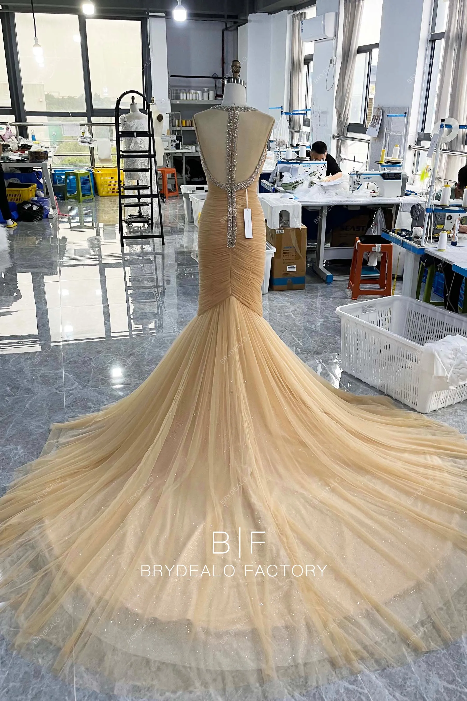 Luxury Beaded Sleeveless Marigold Pleated Tulle Trumpet Bridal Gown