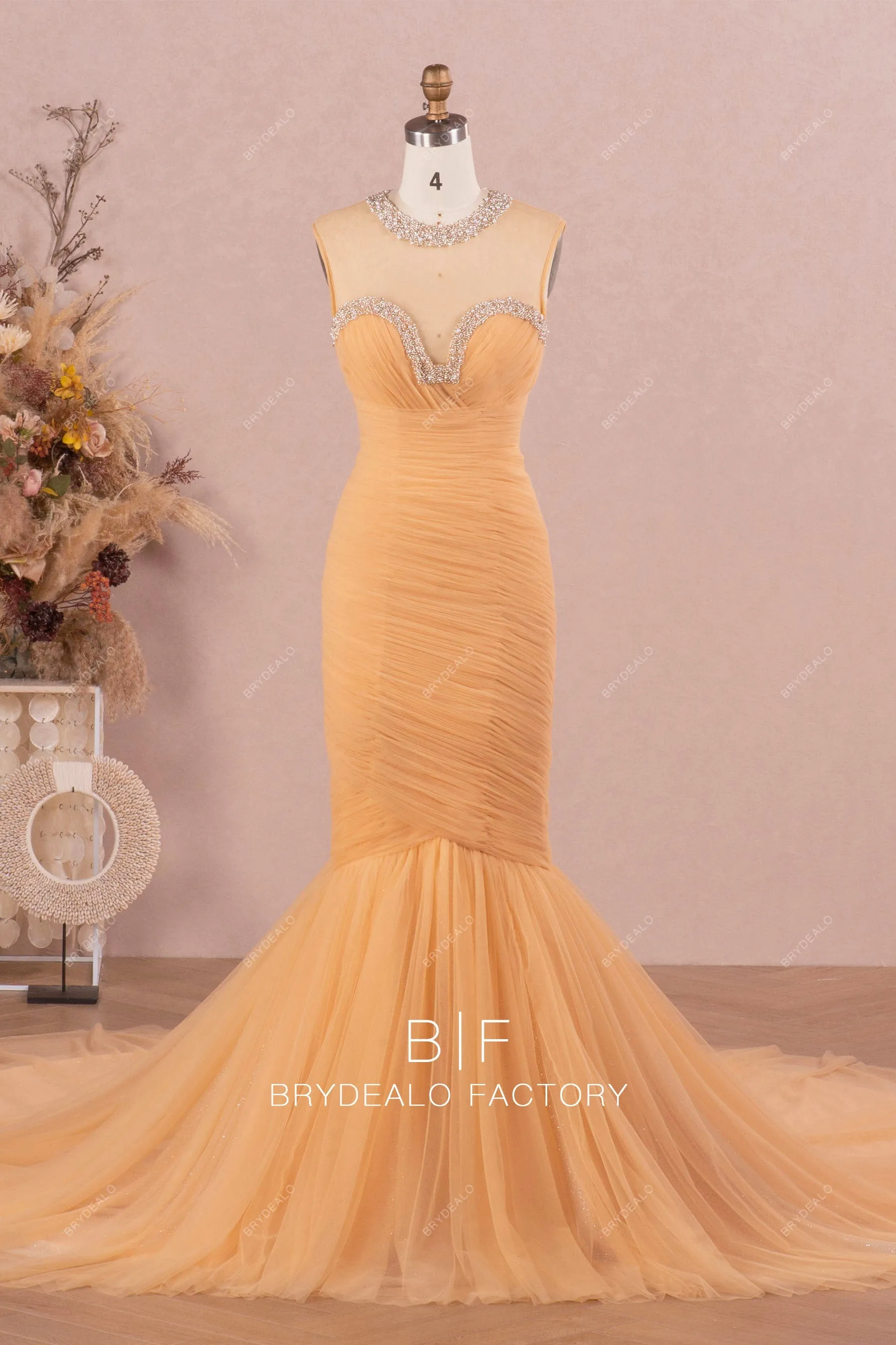 Luxury Beaded Sleeveless Marigold Pleated Tulle Trumpet Bridal Gown