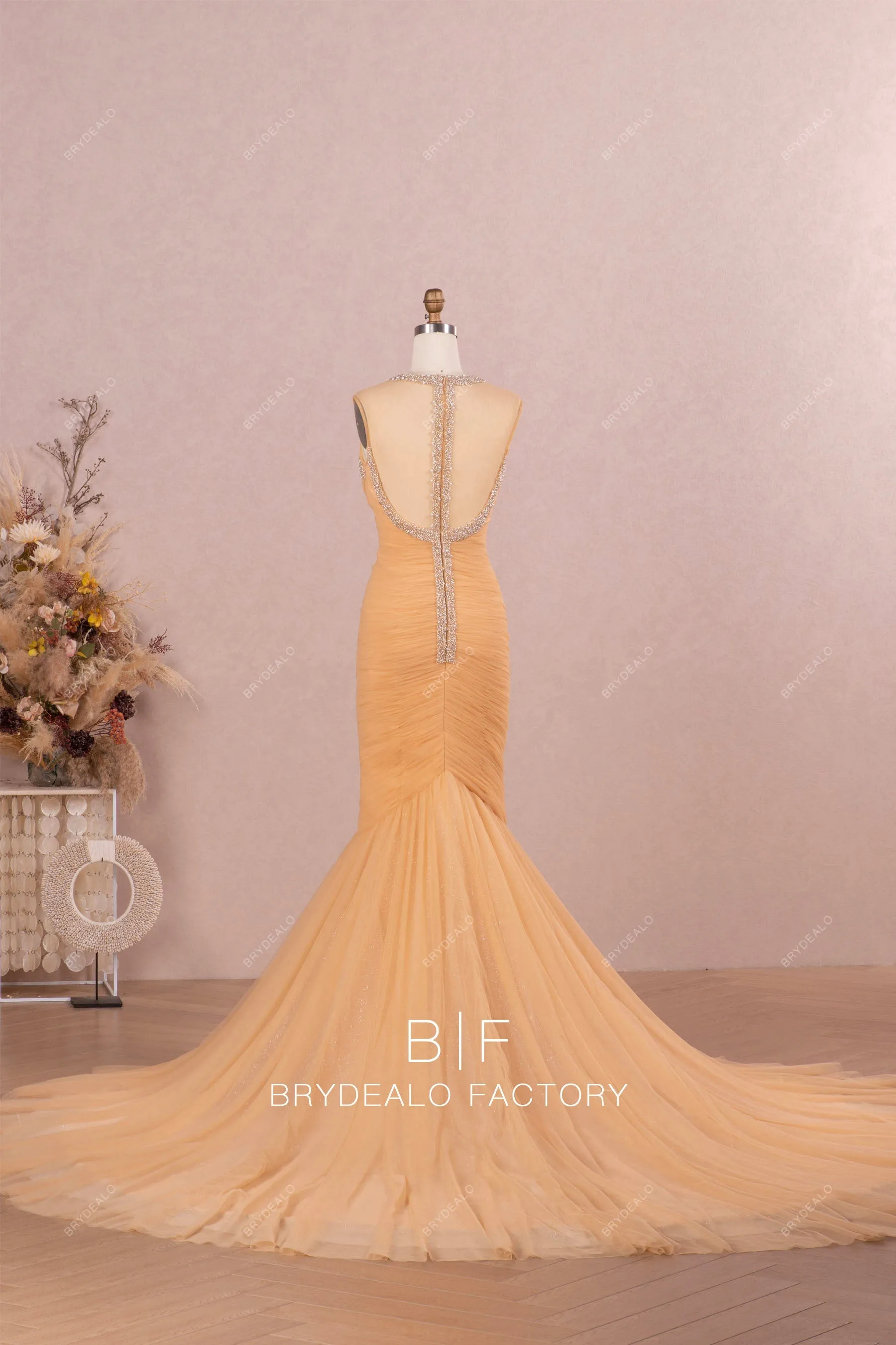 Luxury Beaded Sleeveless Marigold Pleated Tulle Trumpet Bridal Gown