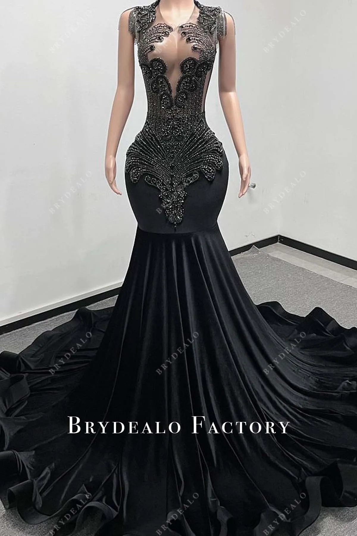 Luxury Rhinestones Black Jersey Mermaid Prom Dress