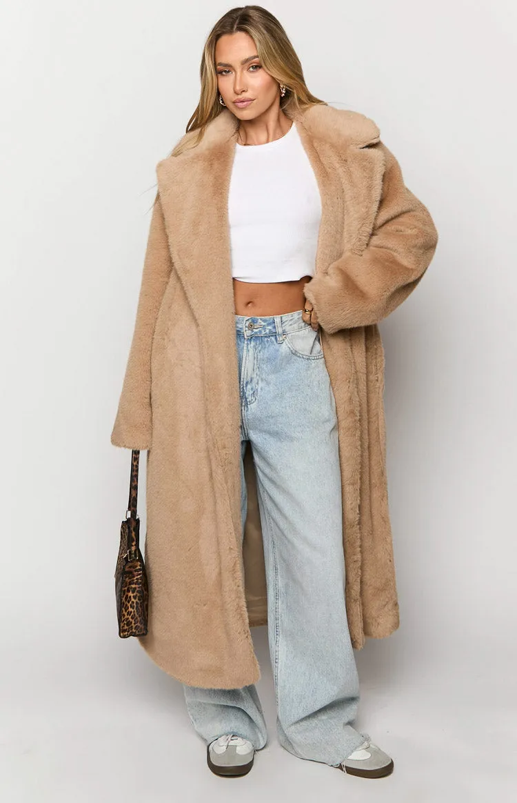 Lyrae Brown Full Length Faux Fur Coat