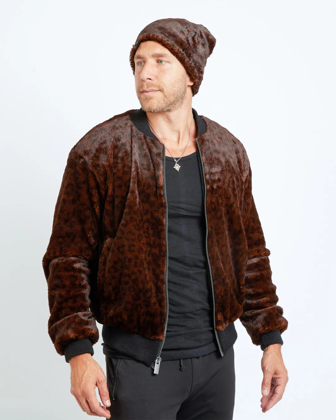 Mahogany Jaguar ULTRA SOFT Faux Fur Bomber Jacket | Men's