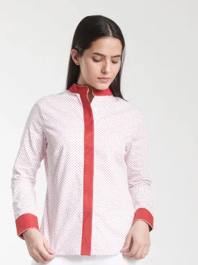 Mandarin Collar Women Cotton Top White and Red