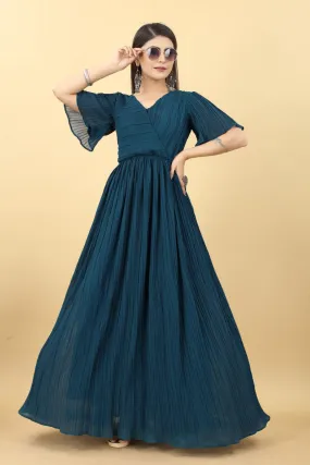 Marvelous Teal Blue Color Pleated Gown