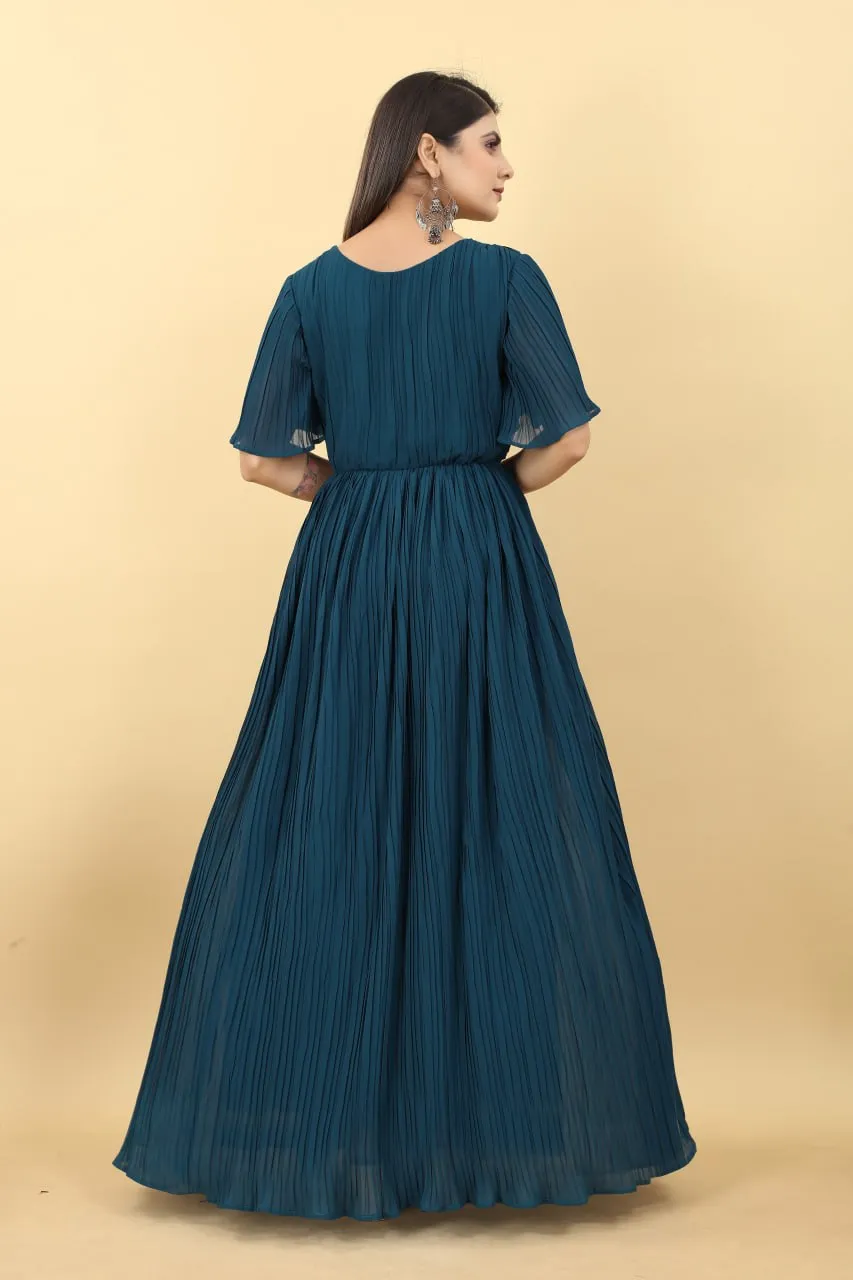 Marvelous Teal Blue Color Pleated Gown