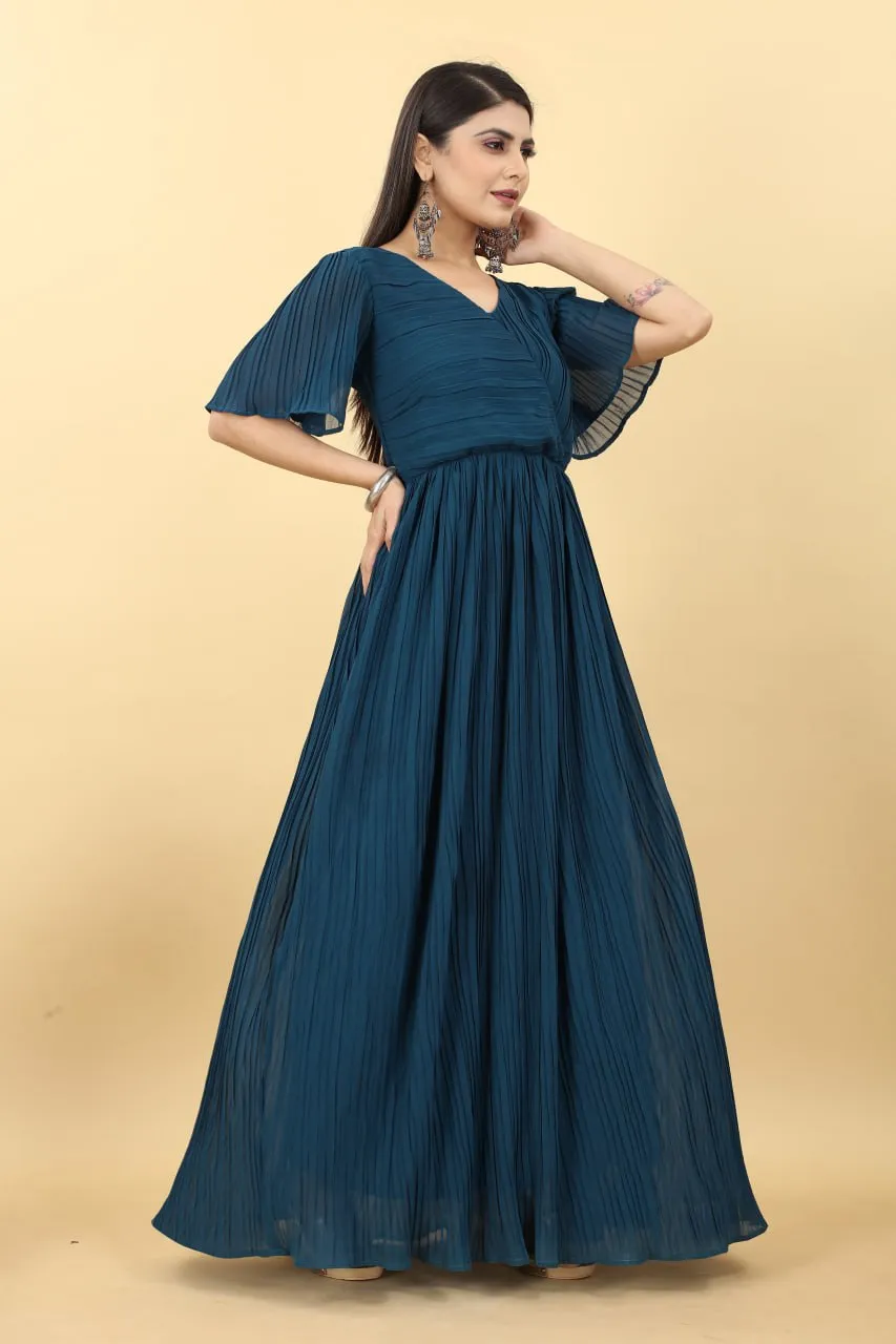 Marvelous Teal Blue Color Pleated Gown