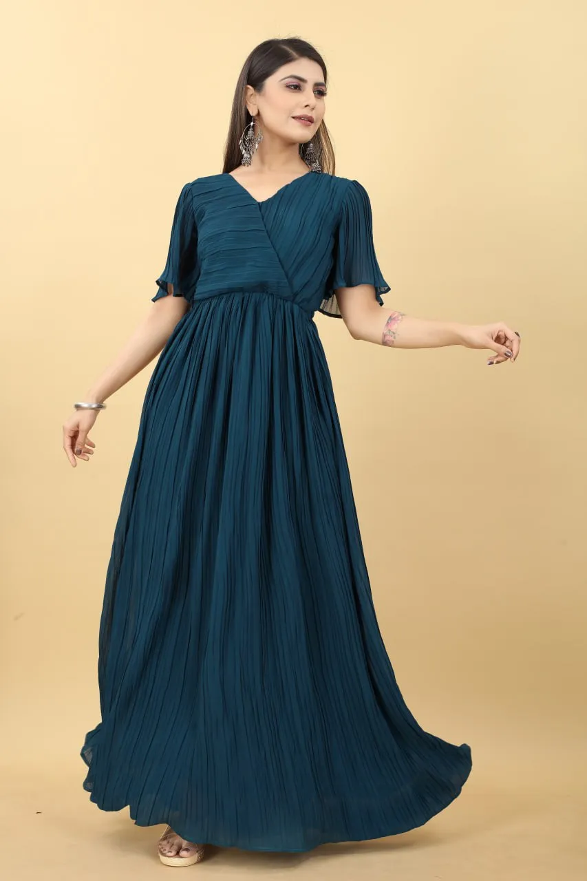 Marvelous Teal Blue Color Pleated Gown