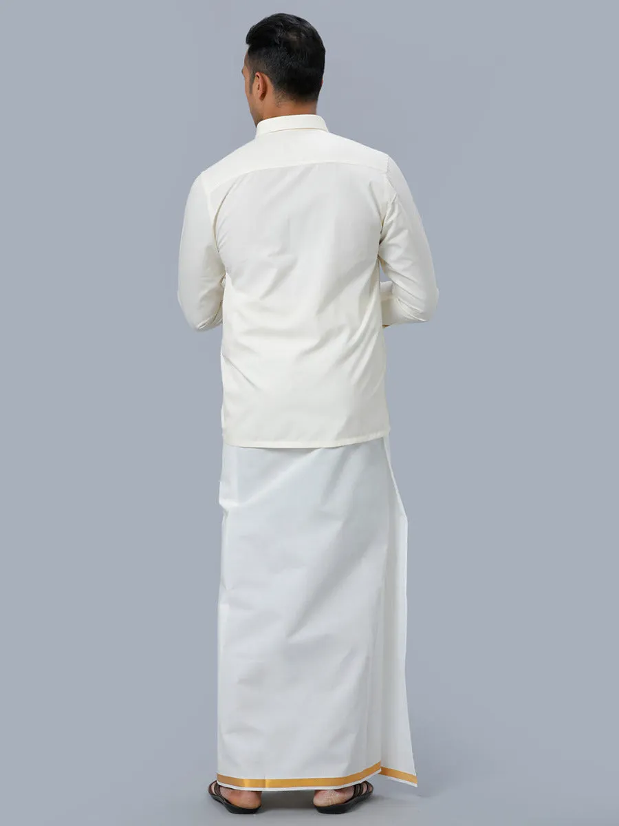 Men Gold Jari 1/2" inch Single Dhoti with Full Sleeves Cream Shirt Combo