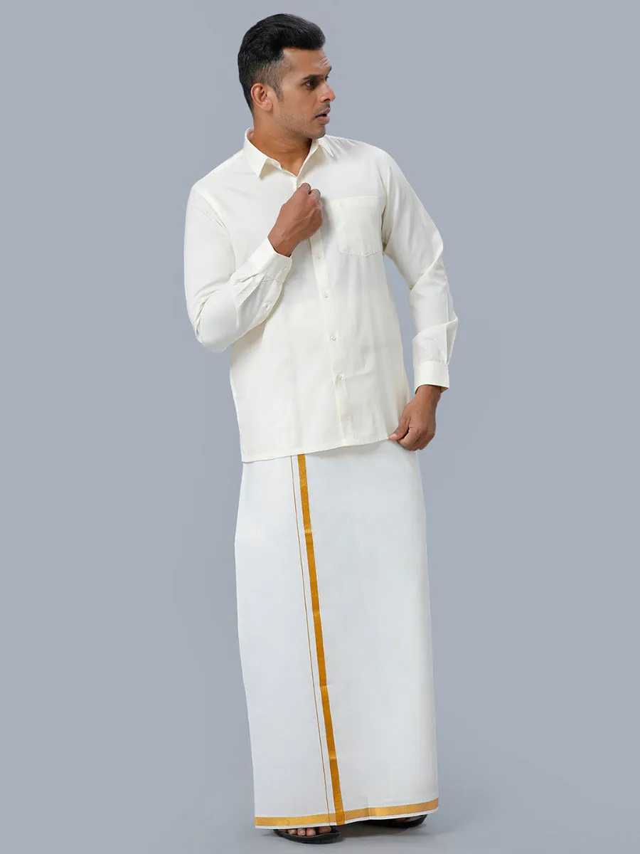 Men Gold Jari 1/2" inch Single Dhoti with Full Sleeves Cream Shirt Combo