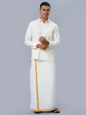 Men Gold Jari 1/2" inch Single Dhoti with Full Sleeves Cream Shirt Combo